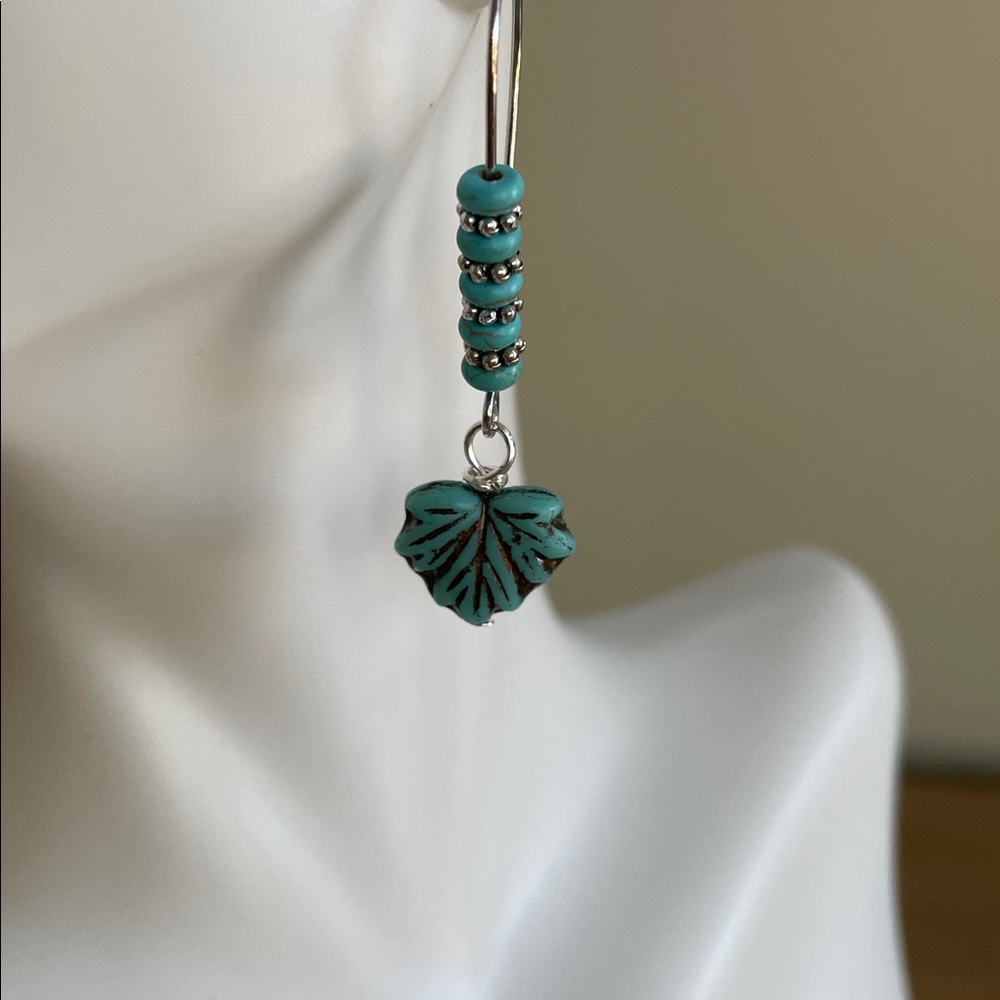 HAND CRAFTED TURQUOISE & CZECH  GLASS LEAF EARRINGS Bohemian Southwestern Dangle